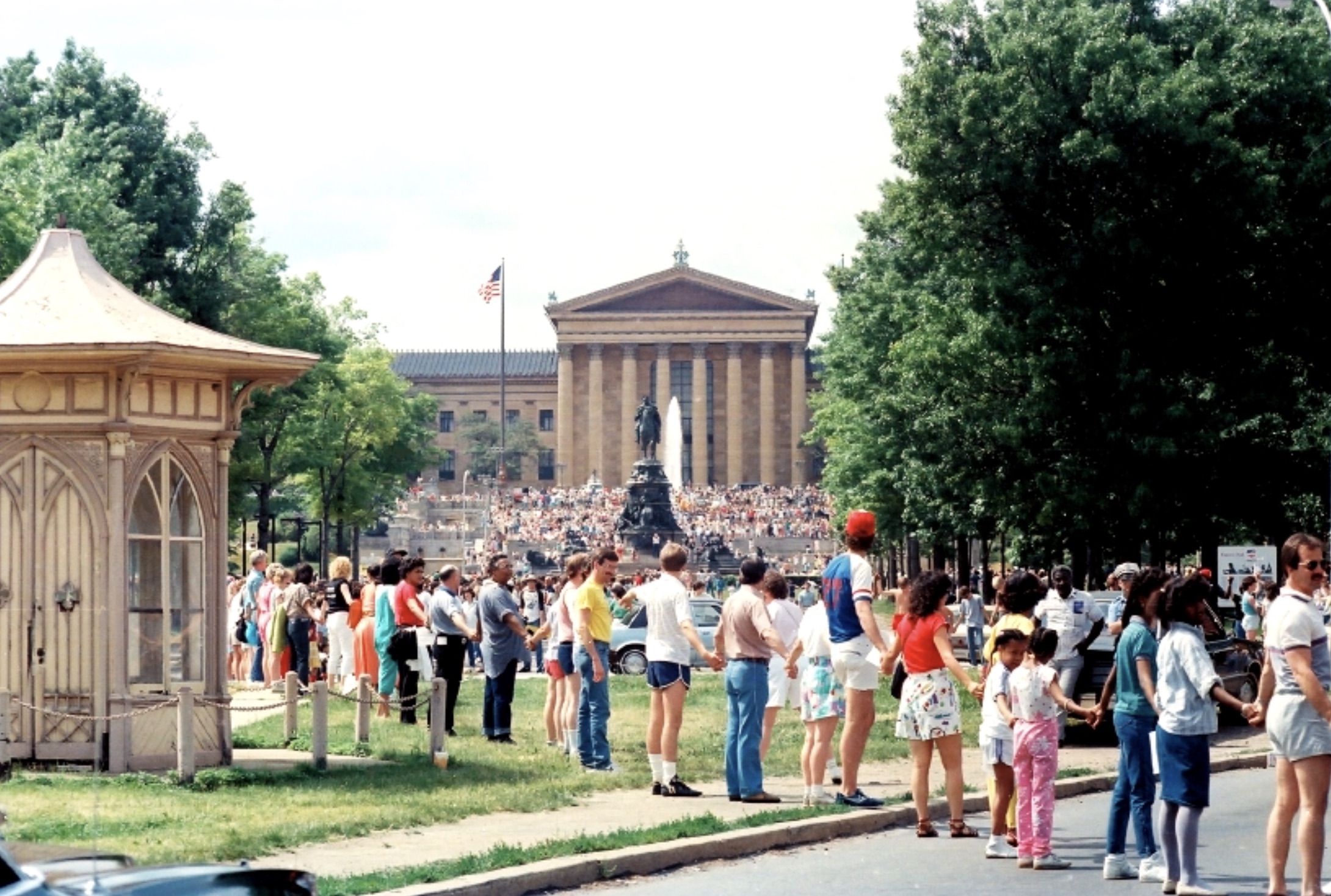 Hands Across America at Eakins Oval along the Benjamin Franklin Parkway in Philadelphia, Pennsylvania.